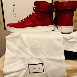 Gucci Shoes|Men's Leather Gucci Signature Red Sneakers| Color:Red|Size:12.0|